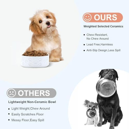 SPUNKYJUNKY Ceramic Dog and Cat Bowls 2 Pack, 5.1'' Dog and Cat Food Water Double Feeding Bowls Non-Slip for Cats and Puppy Small Sized Breed Dogs Microwave Dishwasher Safe - 13.5 OZ, 2pcs, Paw White - Image 3