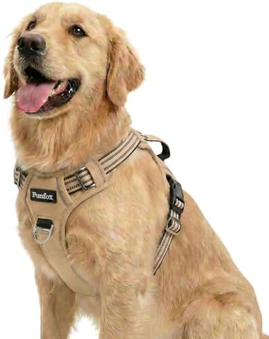 Funfox Dog Harness No Pull, Adjustable Pet Vest Harness, Super Soft Material with Vertical Handle Easy Control, Reflective Night Walking, 2 Leash Clips for Large Dogs, Brown, L by MyFUNFOX