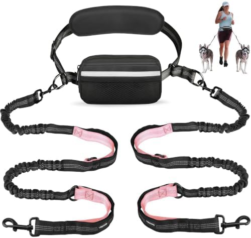 Uppetly Hands Free Dog Running Leash with Waist Belt, Dual Handle Elastic Bungees Retractable Rope for Small and Medium Dogs, Reflective Stitches for Walking Hiking Biking (Medium Pink, 8-35lb) by Uppetly