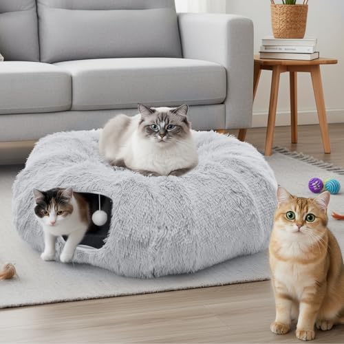 DUMOS Cat Tunnel Bed for Indoor Cats, Cave Donut Play Tunnel, Silver - Image 2