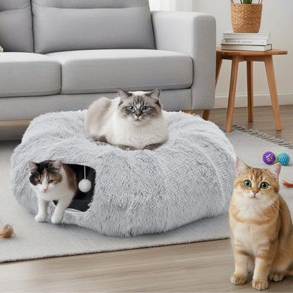 DUMOS Cat Tunnel Bed for Indoor Cats, Cave Donut Play Tunnel, Silver - Image 2