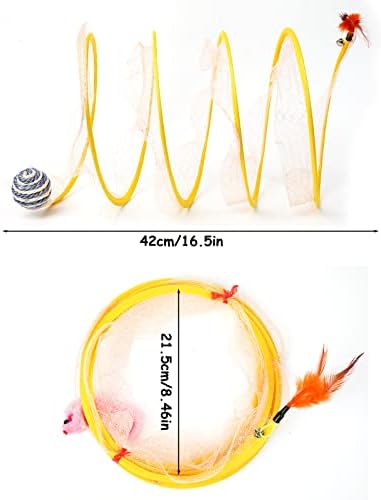 2-Pack Large Cat Tunnel Beds - Indoor & Outdoor,Kitten Collapsible Spring Tunnel Toy with Feather and Bell,Interactive Spring Toys for Cats & Kittens（Yellow） - Image 4