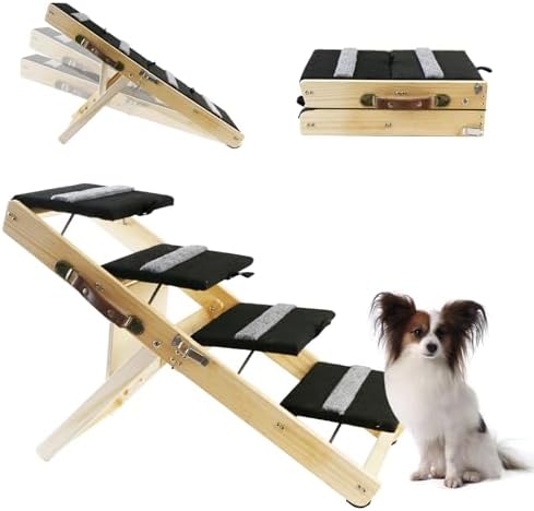 2-in-1 Indoor Pet Ramp, Wooden Folding 4-Tier Pet Stairs with Non-Slip Carpeted Steps, Ramp Perfect for Bed and Couch, 12.5" to 22.5" Height Adjustable (31.5x15) by Wotunest