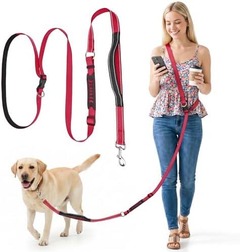 XiaZ Hands Free Dog Leash,Versatile Crossbody Dog Leash,5.9-7.9 FT Waist Belt with Double Handles for Small Medium and Large Dogs Walking, Running and Jogging, Red by XiaZPet