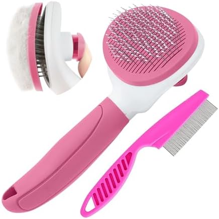 Cat Brushes for Indoor Cats, Dog Brush for Shedding with Metal Cat Comb, Self Cleaning Pet Hair Brush with Release Button for Grooming Kitten(Pink) by Unknown
