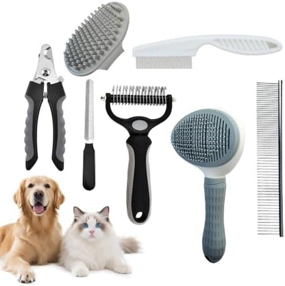 7PCS Dog Grooming Brush Kit for Shedding and Matted Fur, Self-Cleaning Slicker Brush with Undercoat Rake, Flea Comb for Long-Haired Pets, Grey by Unknown