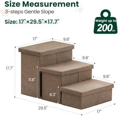 Love's cabin Dog Stairs for High Bed, Foldable Pet Stairs for Small Medium or Large Dogs Puppy with Storage for Bed or Couch, Cat Dog Steps Ramp with Zip up to 200 lbs, Light Brown, 3 Steps - Image 2