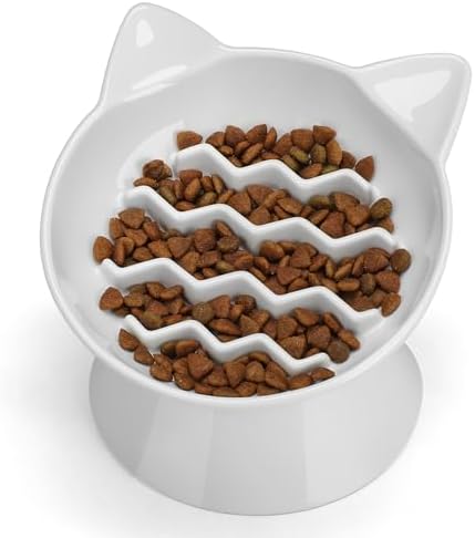Ceramic Slow Feeder Cat Bowl, 2 Cups Tilted Elevated Honeycomb Food Dish - Image 2