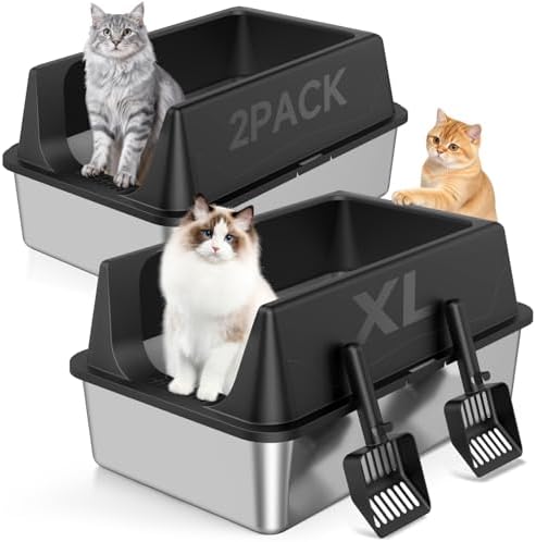 2 Pack XL Stainless Steel Litter Box with High Sides, Metal Litter Box by Tevila