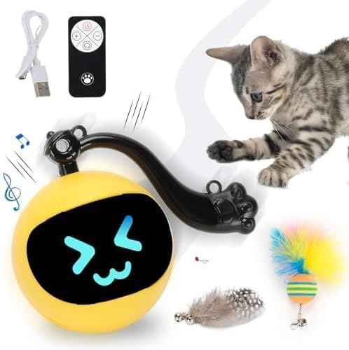 Electric Interactive Cat Feather Toy Ball for Indoor Cats,Turbo Tail Mouse Chase with LED Remote Control Cat Toy,Electric Automatic Moving Ball, Motion Activate Chirping Bird Sound Yellow by Unknown