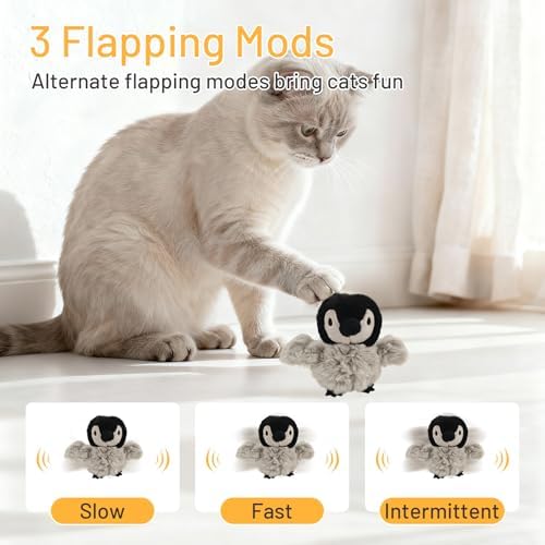 Puffluv Flapping Cat Toy,Interactive Penguin Flapping Bird,CAN NOT Fly Auto Chirping & Beating Wings 5 Modes, USB Charging with Catnip for Indoor Kittens Active Fun - Image 4
