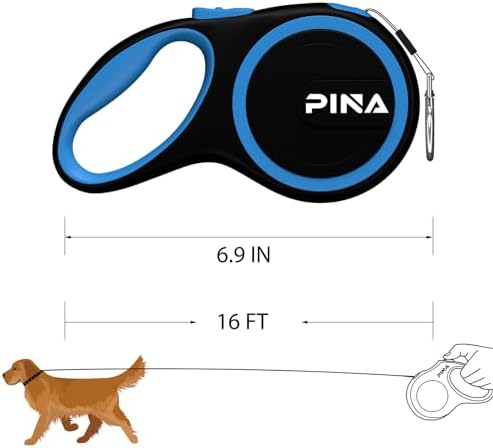 PINA Retractable Dog Leash, 16ft Dog Leash for Small Medium Dogs Up to 44lbs, 360° Tangle-Free Strong Reflective Nylon Tape, with Anti-Slip Handle, One-Handed Brake, Lock - Black Blue - Image 6