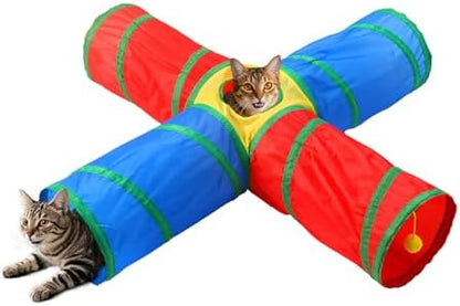 Pet Cat Tunnel, 4 Way Tunnels for Indoor Cats, Collapsible Pet Tunnel for Kitten, Puppy, Rabbit, 25cm-Wide Tunnels, Durable & Breathable, with Peek Hole Toy Ball by Tamiplay