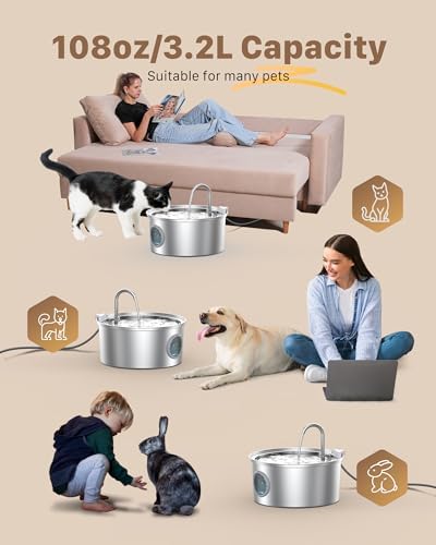 Cat Fountains for Drinking Stainless Steel: 108oz/3.2L Cat Water Fountain - Image 2
