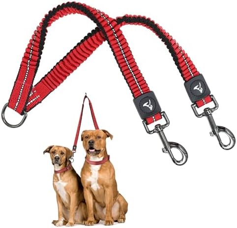 Kruz Double Dog Leash for Two Dogs (Width - 5/8”, Length 14”-27”) Dual Leash Coupler with Tangle-Free Swivel, Shock-Absorbing Reflective Bungee for Comfortable Walking & Training (Red, Small) by KRUZPET