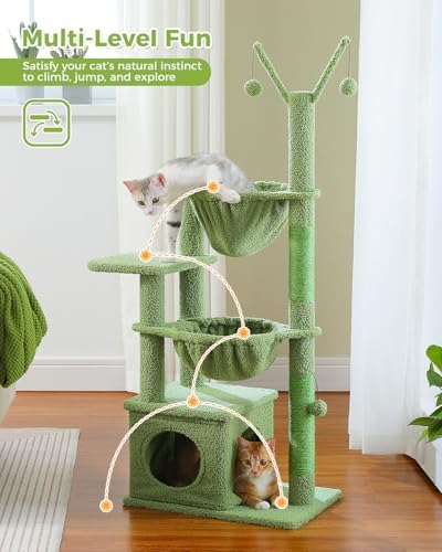 MUTTROS Cactus Cat Tree, 47.6" Cat Tower with 2 Metal Frame Hammock, Cat Scratching Post for Indoor Cats with 2 Removable Pompom Sticks for Kittens, Green - Image 6