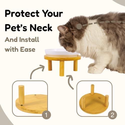 Elevated Ceramic Cat Bowls with Bamboo Stand for Cat Bowl, Whisker Friendly Shallow Cat Plate, Stable Raised Cat Food Riser for Indoor Cats (Pink+White, Plates with Stands(Set of 2)) - Image 3