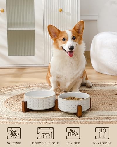 MALACASA Dog Bowl Set, Ceramic Bowls with Walnut Wood Stand, 4 Cups - Image 4