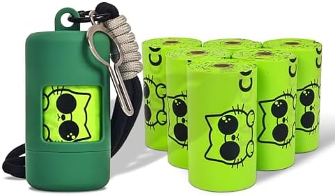 Dog Poop Bags with Dispenser & Holder, Guaranteed Leak Proof, Unscented Extra Thick Heavy Duty Tear-resistant 18-Micron Waste Bag Refill Rolls (Green (105-Bags, 1-Dispenser)) by COOCAT