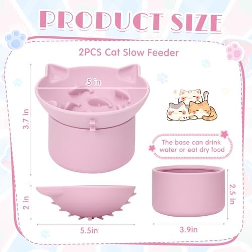 Funnymoom 2 Pack Silicone Cat Slow Feeder, Elevated Slow Feeder Cat Bowl for Dry and Wet Food, Tilted Design with Non Slip Base, Adjustable Angle for Pet(Pink and Blue) - Image 2