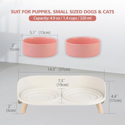 Raised Cat Food and Water Bowl Set - Elevated Ceramic Dishes with Non-Slip Stand and Splash Guard for Small Dogs - 2 x 320 ML (4.9 OZ) - Pink - Image 2