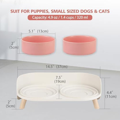 Raised Cat Food and Water Bowl Set - Elevated Ceramic Dishes with Non-Slip Stand and Splash Guard for Small Dogs - 2 x 320 ML (4.9 OZ) - Pink - Image 2
