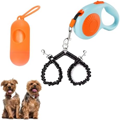 Double Dog Leash for Walking 2 Small Dogs (Up to 33 Lbs Each), Dual Retractable 9.8ft Extendable Strong Nylon Tape Pet Leash with Poop Bags, One-Handed Brake, Pause, Lock (Orange) by FEGCZP