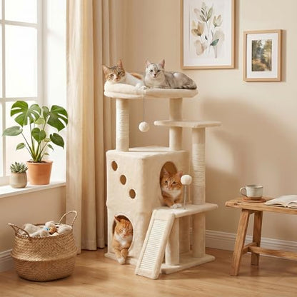 PETEPELA Kitten Cat Tree, 34.6" Small Cat Tower with Ramp & Toys, Beige by PETEPELA