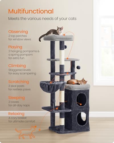 Feandrea Cat Tree Indoor, 60" Multiple-Level Plush Cat Tower, Dark Gray - Image 6