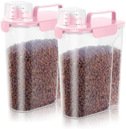 5-7Lbs Dog Cat Food Storage Container with Upgraded Large Nozzle BPA-free, 4 Snap Seals Plastic Pet Food Storage Containers with Handles (Light Pink, 5L-2pack)