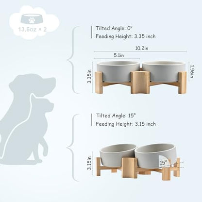 SPUNKYJUNKY 15° Slanted Ceramic Dog and Cat Bowl with Wooden Stand, Tilted Bulldog Food and Water Bowl No Slip Non-Spill for Cats Medium Dogs Big Face Pets 13.5 OZ (1.7 Cups, Grey × 2) - Image 4