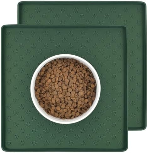 2 Pack Pet Placemat for Dog and Cat, Waterproof Silicone Pet Feeding Bowl Mats for Food and Water, Small Medium Large Dogs Mat Prevent Residues from Spilling to Floor, Hunter, 11.8"x11.8" by PTLOM
