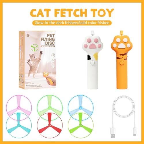 Cat Fetch Toy, Rechargeable Flying Disc Launcher Toy with 6 Flying Discs, Cat Toy Launcher, Flying Bird Cat Toy, Cat Interactive Toys for Outdoor and Indoor (Yellow) - Image 2