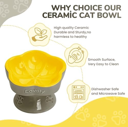 S&Q's CERAMICS Raised Cat Bowl, Elevated Cat Bowl for Food and Water, Ceramic Titled Dish, Anti Vomit & Whisker Friendly, Microwave and Dishwasher Safe (Yellow, 5.8") - Image 3
