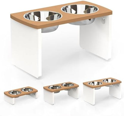 Elevated Dog Bowls, Waterproof Raised Dog Bowl for Medium & Large Dogs, HIPS Poly Lumber Stand with 2 Stainless Steel Bowls, Indoor & Outdoor Use (13'' Tall–68 oz Bowl, Teak - White) by JoyoPawFamily