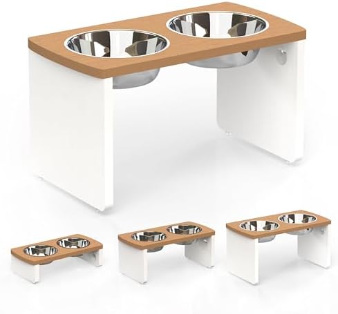 Elevated Dog Bowls, Waterproof Raised Dog Bowl for Medium & Large Dogs, HIPS Poly Lumber Stand with 2 Stainless Steel Bowls, Indoor & Outdoor Use (13'' Tall–68 oz Bowl, Teak - White) by JoyoPawFamily