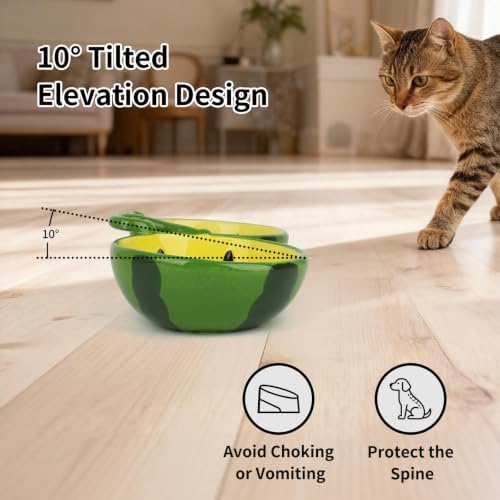 10° Tilted Ceramic Cat Bowls Set - Elevated Food & Water Dishes, Ergonomic Design for Cats, Kittens & Small Dogs, 9.4" x 5.1" x 2.3" (Yellow) - Image 2