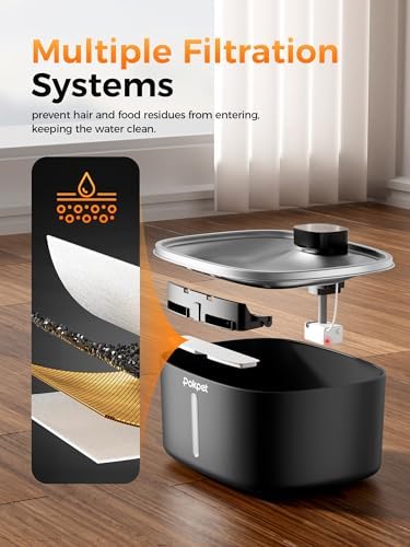 Dog Water Fountain Indoor Homes Stainless Steel 10L/2.64GAL Plug in Plastic Reservoir Stainless Steel Water Bowl Filtered Multi-Pet Quiet Large Black Plug-in &1Filter - Image 2