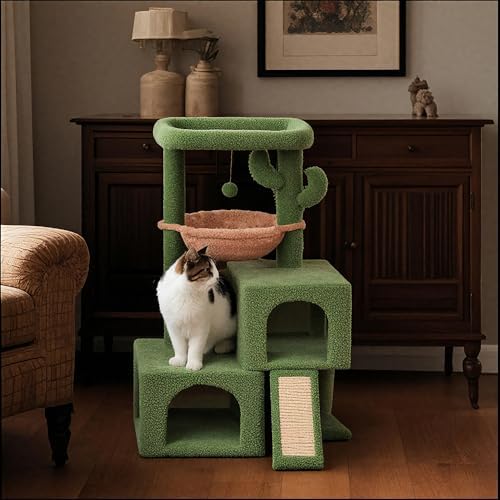 AIWIKIDE 37.4" Cactus Cat Tree Tower with Twin Cat Condos for Indoor Cats, All-in-One Activity Center with Cat Scratching Post Cozy Sleeping Perch Hammock and Toy Balls,Green - Image 6