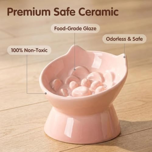 3Pcs Ceramic Cat Slow Feeder with Spoon, Raised Slow Feeder Cat Bowl, Raised Puzzle Feeder, Elevated Food Bowl, Anti Vomiting and Whisker Friendly, Non-Toxic (Pink) - Image 3