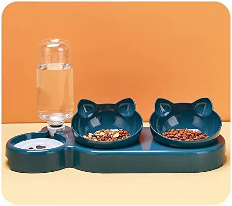 Triple Cat Bowls for Food and Water, Plastic Raised Cat Dishes, Automatic Water Bottle 3 in 1 Pet Bowls 2 Food Bowls and Water Feeder Set Wet Dry Food Bowl Set for Cats Puppy Small Dogs (Grey)