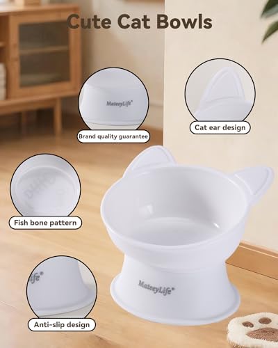 MateeyLife Raised Cat Bowls, Cat Food Bowl Elevated for Kittens & Small Dogs, 15°Tilted Protect Pets' Neck and Anti Vomiting, Whisker Friendly Food & Water Feeding Bowl, 6 oz Each - White - Image 5