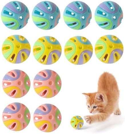 Colorful Cat Toy Balls with Bell 12PCS, Interactive Hollow Design, Plastic, Training Exercise Toy by ANJOBIBI