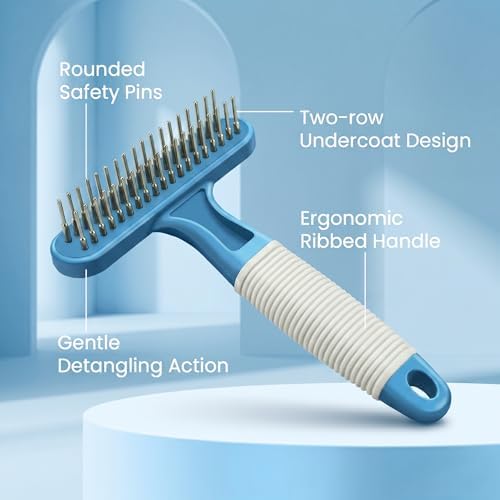 POODLIE Poodle Pet Dog Grooming Rake | Dematting Tool with Stainless Steel Shedding Comb for Pets | 2 Rows of Pins Gently Remove Loose or Tangled Hair from Undercoat (Blue) - Image 4