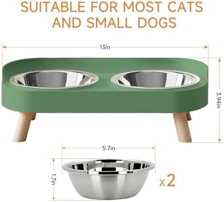 Elevated Cat Bowl, Raised Cat Food and Water Bowl Set for Indoor Cats, Splash Proof with 2 Stainless Steel Pet Food Bowls for Cats and Puppies, Whisker Fatigue and Dishwasher Safe - Green - Image 6