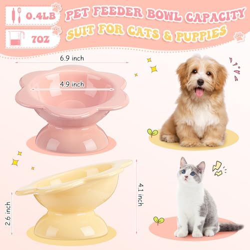 Hushee 2 Pcs Ceramic Raised Cat Bowls 7 oz Flower Shaped Cat Food Dish Stress Free on Neck and Spine Dishwasher Safe Feeding Bowls for Small Kitten - Image 2