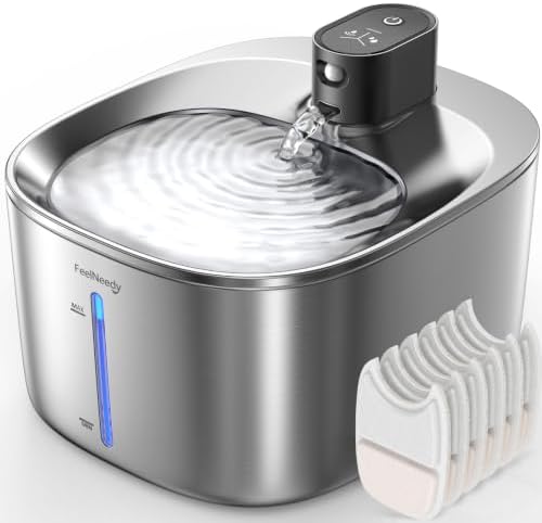 Cordless Cat Water Fountain, Battery Operated, 4L/135fl oz Stainless Steel Pet Water Fountain for Cats Dogs with Motion Sensor, Ultra Quiet Cat Drinking Fountain with 6 Filters (YPD-C004S) by FEELNEEDY