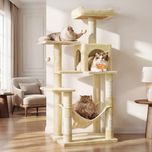 Feandrea Cat Tree, 54.2-Inch Cat Tower, Multi-Level Condo, Beige by FeandreabySONGMICSHOME