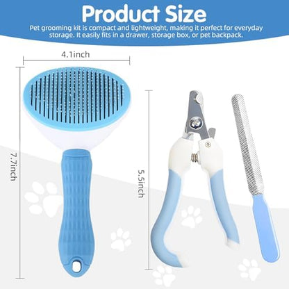 Aglads 3PCS Cat Rabbit Bunny Dog Grooming Kit, Self-Cleaning Slicker Cat & Dog Brush for Shedding, Fine-Needle Comb, Pet Nail Clipper & File for Long/Short-Haired Pets, Easy to Remove Loose (3, blue) - Image 2