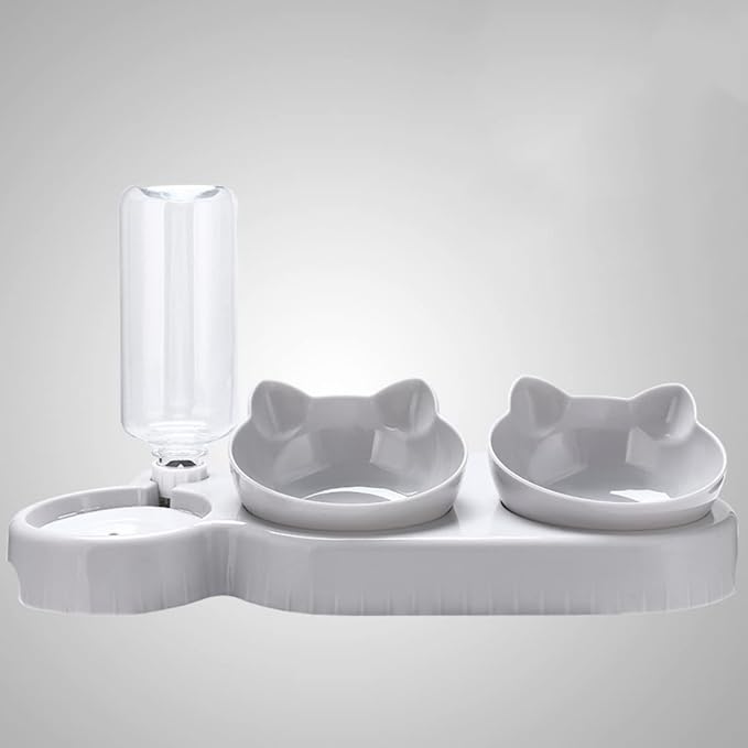 Triple Cat Bowls for Food and Water, Plastic Raised Cat Dishes, Automatic Water Bottle 3 in 1 Pet Bowls 2 Food Bowls and Water Feeder Set Wet Dry Food Bowl Set for Cats Puppy Small Dogs (Grey)